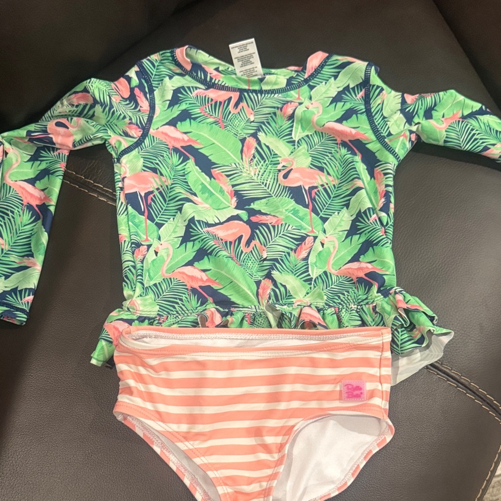 Ruffle Butts Flamingo and Leaf Print Rashguard Set